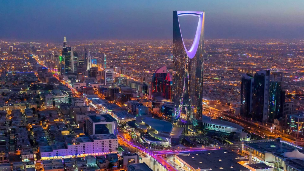 Riyadh skyline with Kingdom Centre at dusk